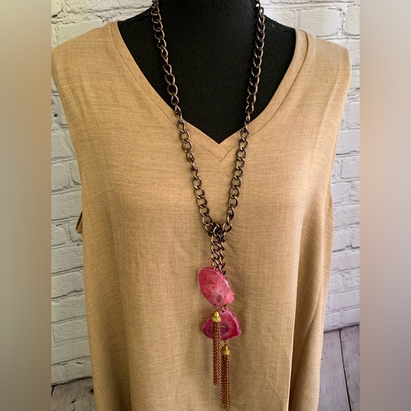 Dyed Orca Agate Slab Tassel Lariat Style Chunky Chain Vintage Necklace - Picture 3 of 7